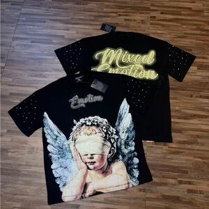 Black Graphic Tee with Angel Motif